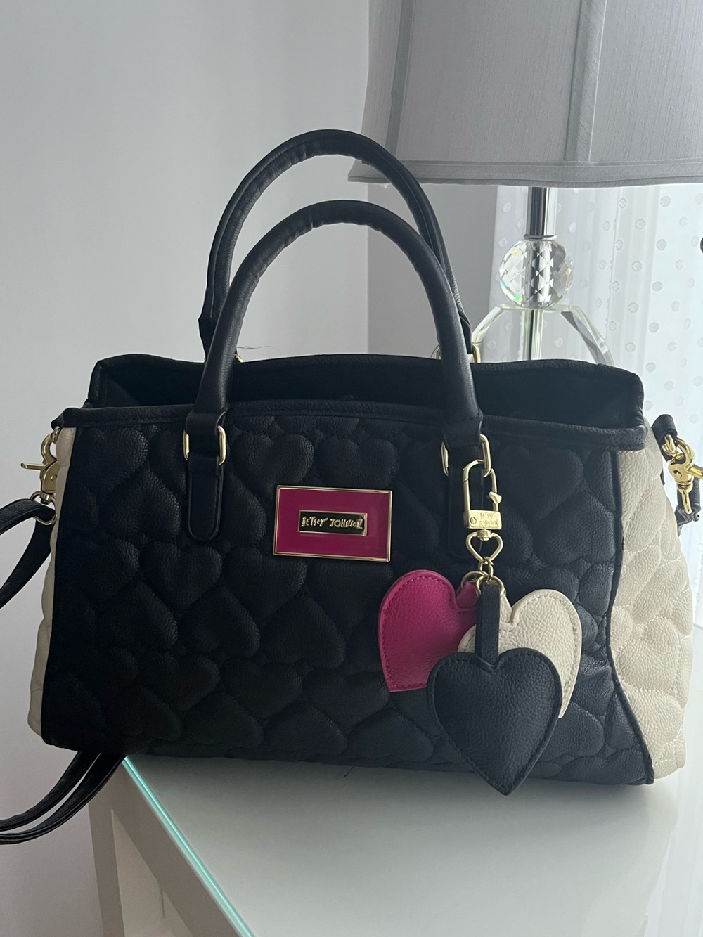 Betsey Johnson Heart Quilted Satchel in Black and Cream with Hearts Bag Charm
